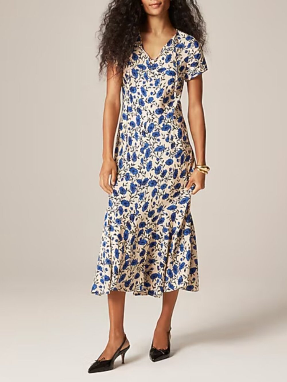 J Crew Short-Sleeve Silky Slip Dress in Indigo Daisy Print
